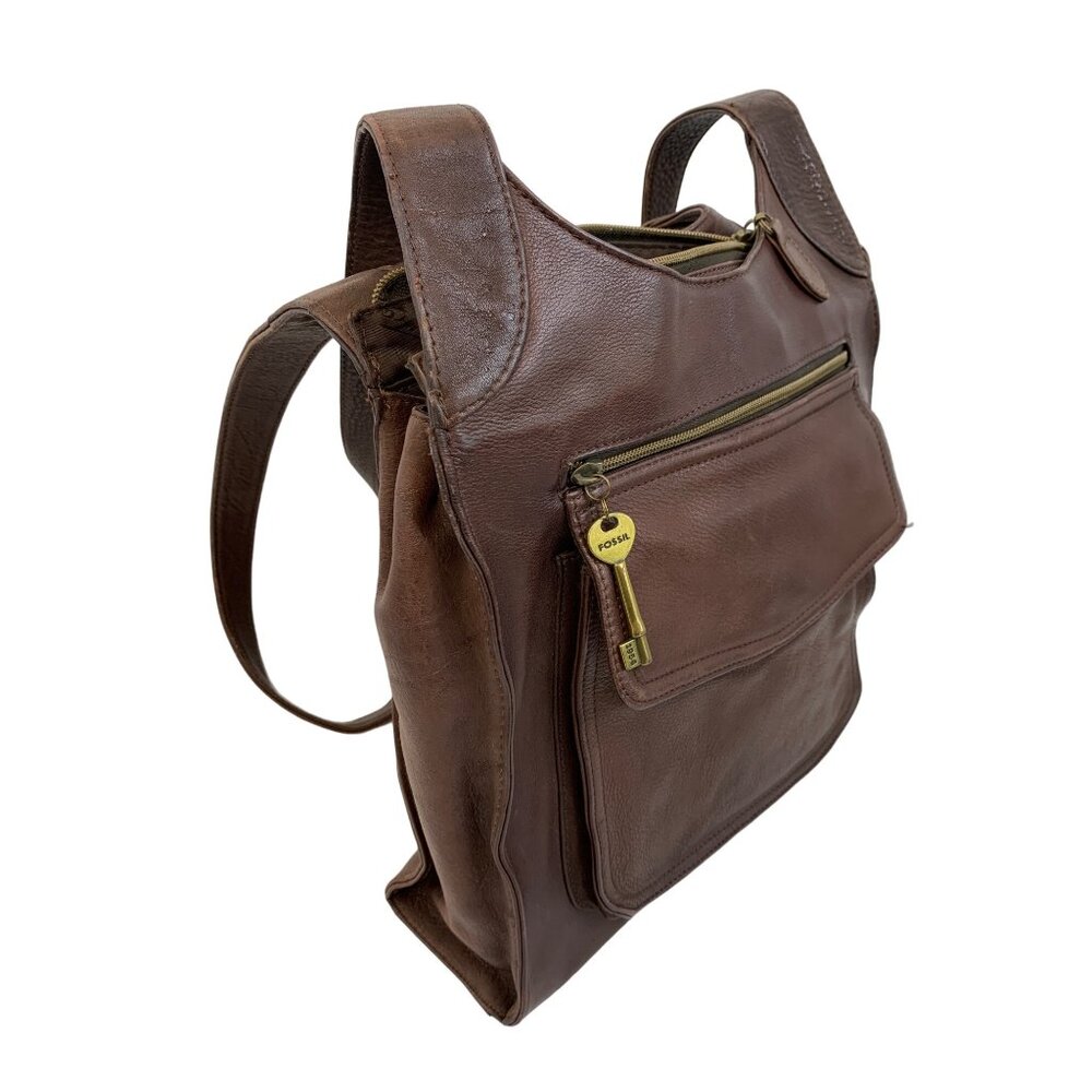 Womens VTG Fossil Brown Pebbled Leather Shoulder Bag Roomy Size Charm Detail GUC
